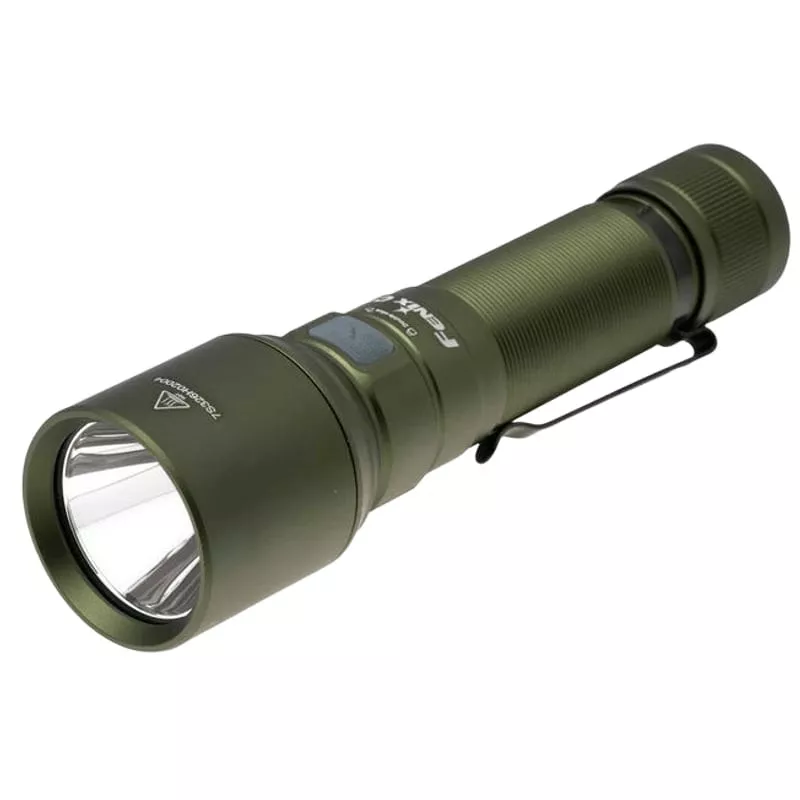 Lampe torche rechargeable Fenix C7 Green édition limitée avec corps vert et bouton latéral, vue de f