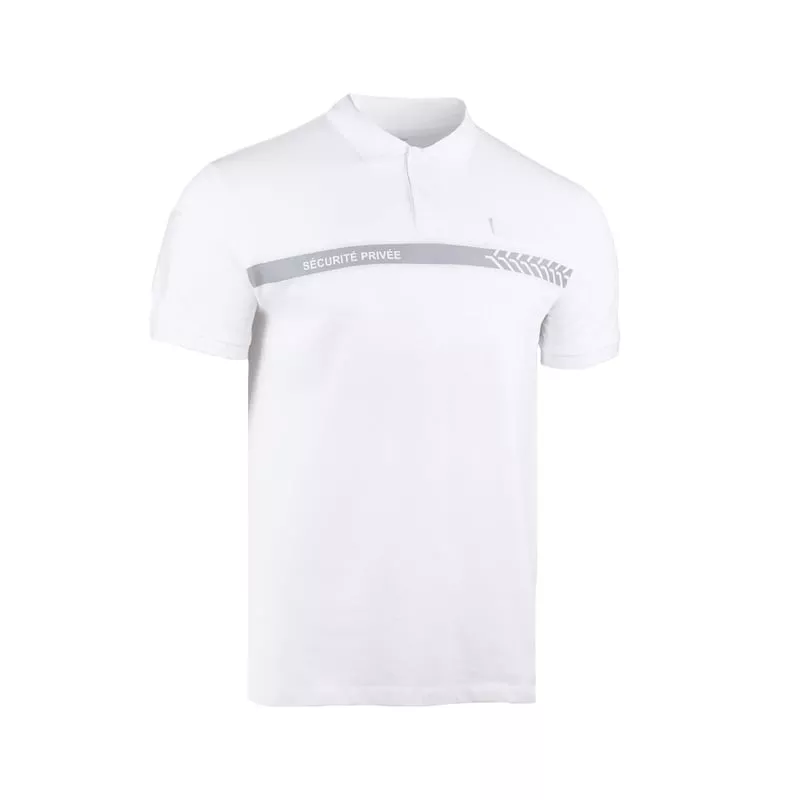 Polo de sécurité blanc GK Pro 2013607 avec bande de poitrine grise et marquage Sécurité Privée, vue 