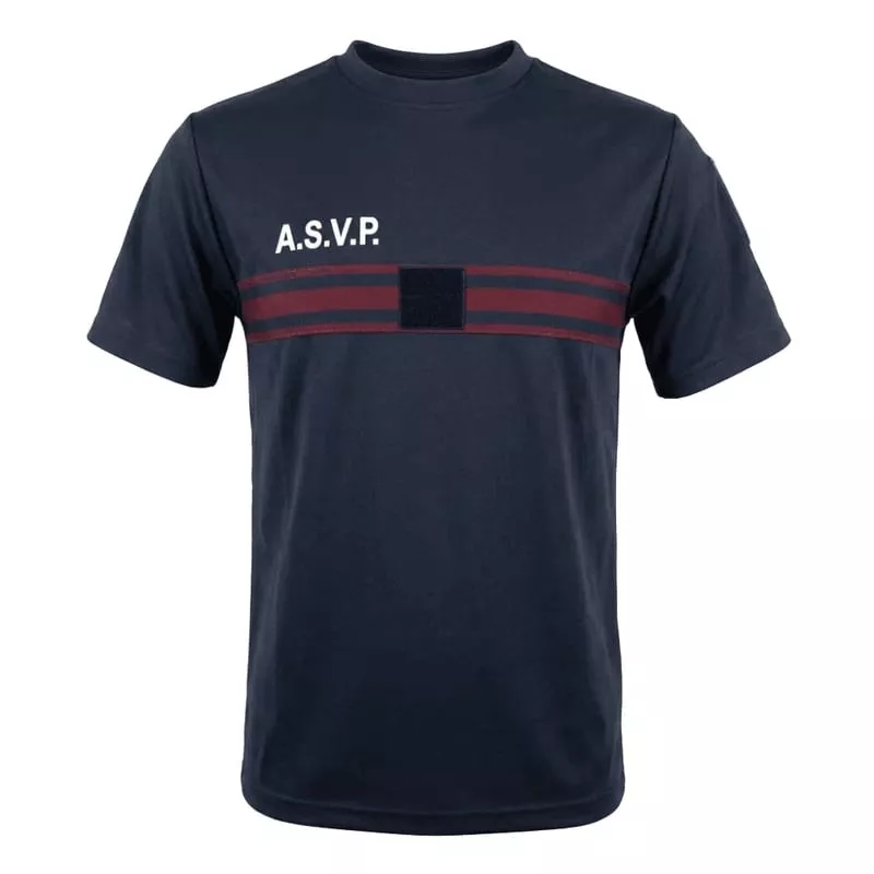 Vue de face du T-shirt ASVP ADN Tactical 2062350 bleu marine avec impression blanche et patchs Velcr