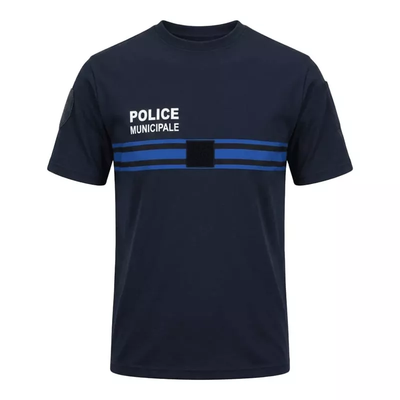 T-shirt ADN Tactical 2062456 bleu marine avec velcro poitrine et impression blanche, vue de face.