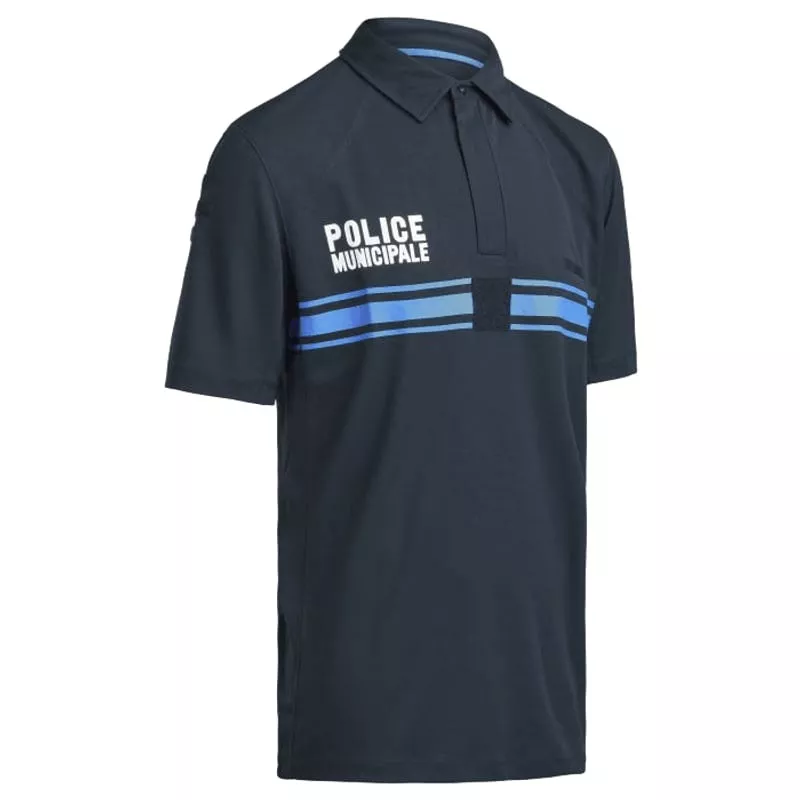 Polo manches courtes Equipol Prowear 2072708 bleu marine, col zippé et bandes bleues, pour Police Mu