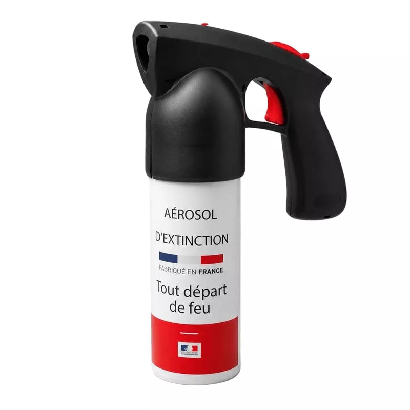 Aérosol extincteur LPSA 500 ml avec poignée pistolet noire, gâchette rouge et étiquette blanche aux 