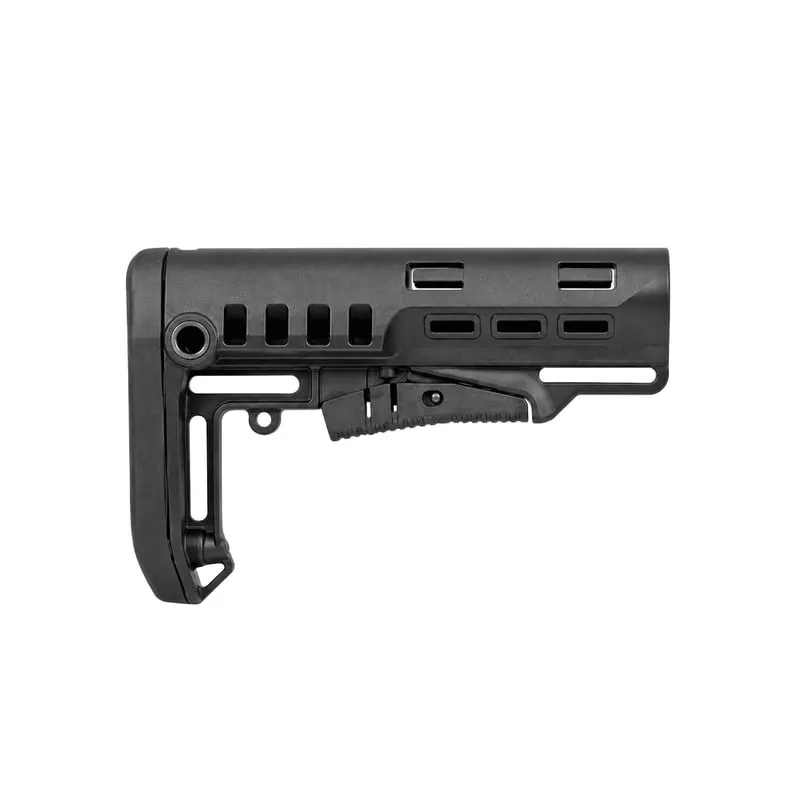 Vue de côté de la crosse tactique télescopique DLG Tactical Commercial Spec noire montrant son levie